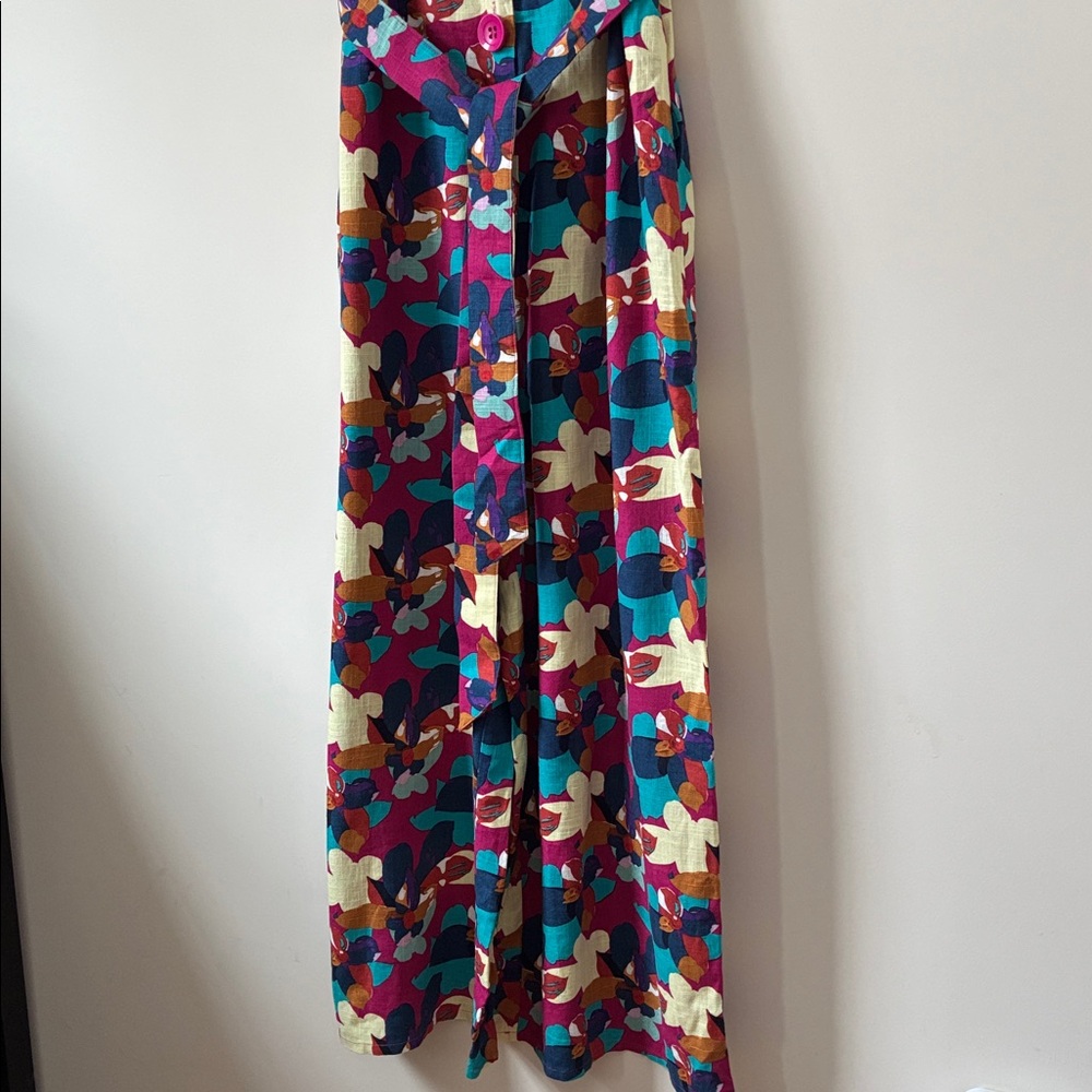 Pepaloves Women's Colorful Floral Linen Blend wide leg v neck Jumpsuit Size S - Picture 3 of 10